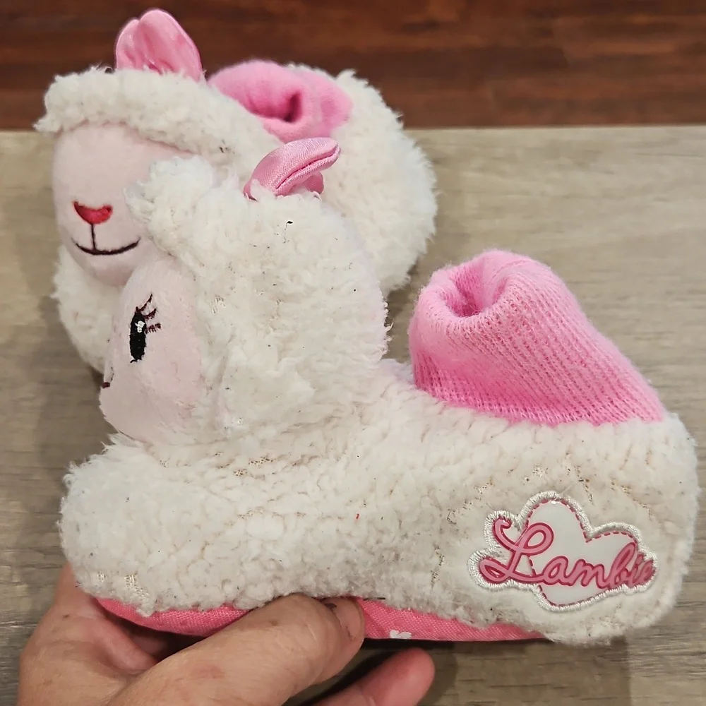 Disney DOC McStuffins Pink & White Plush Slippers kids size 5/6